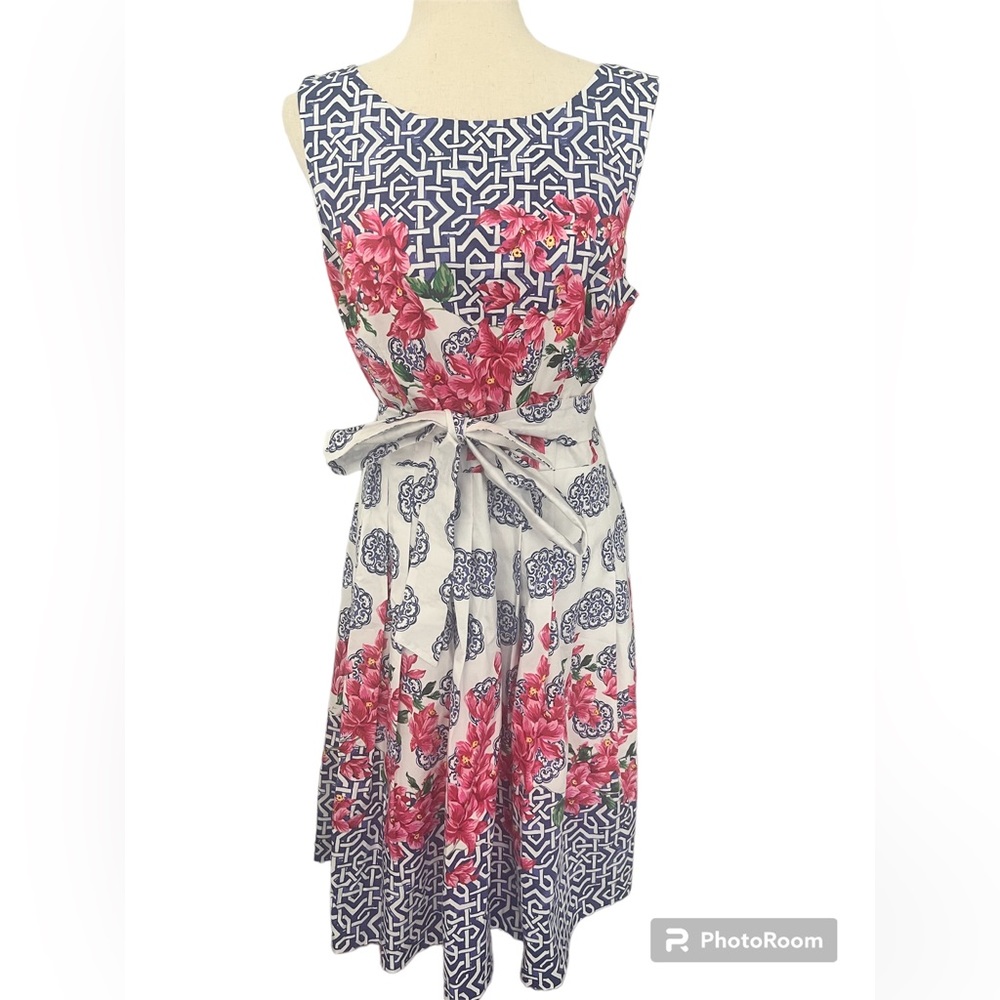 Talbots White Pink Floral‎ Tie Waist Dress 12